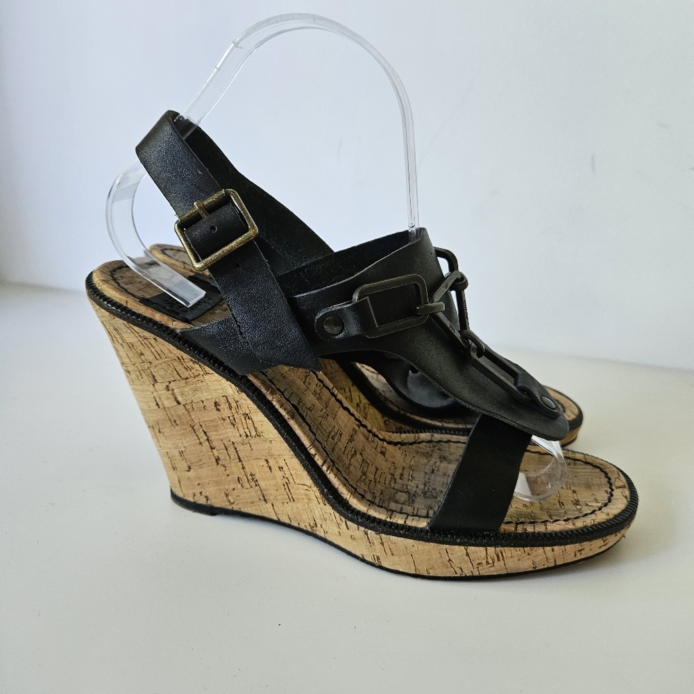 Chloe Black Leather Cork Wedge Sandals